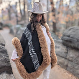 Handwoven Alpaca Ruana in Black - Andes Brown Trimmed