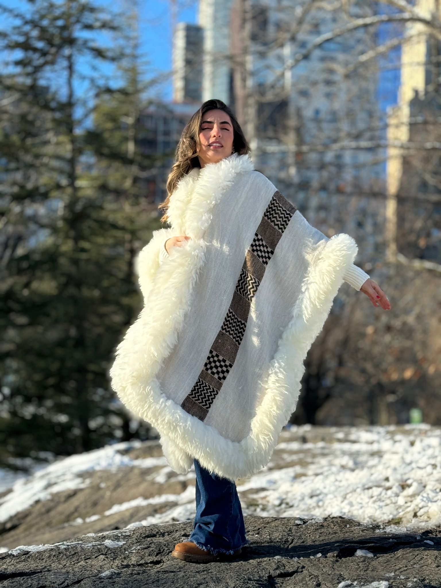 Handwoven Alpaca Cape in White - Pattern in Multi-Brown