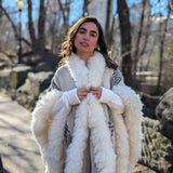 Handwoven Alpaca Ruana in White - Pattern in Black