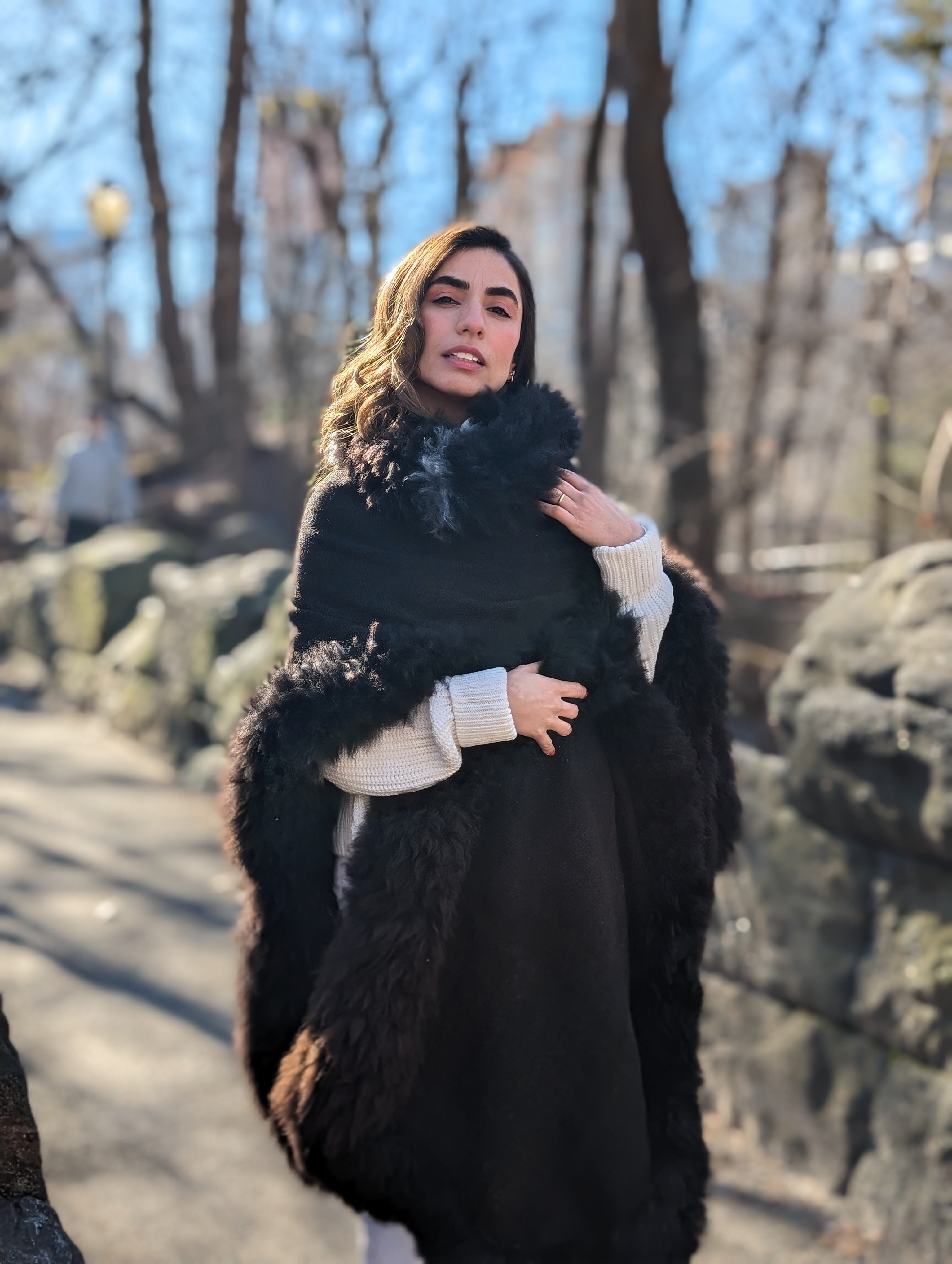 Handwoven Alpaca Cape in Black - White Stripe Beauty Mark