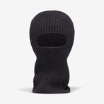 A black hand-knitted alpaca wool balaclava with a rectangular opening for the eyes.