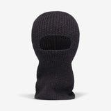 A black hand-knitted alpaca wool balaclava with a rectangular opening for the eyes.