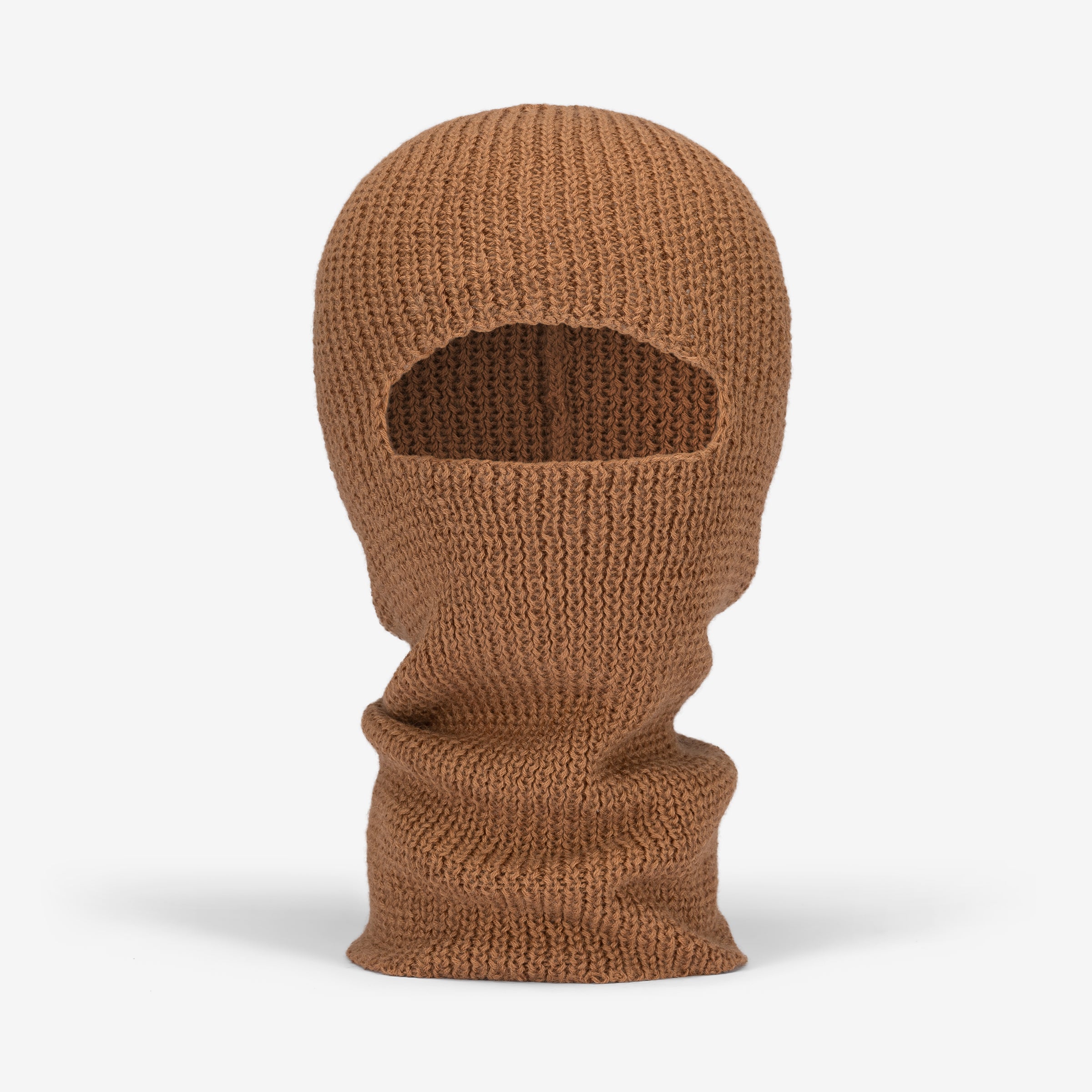 A hand-knit alpaca balaclava in brown color, covering the head and neck with a hole for the eyes and mouth.