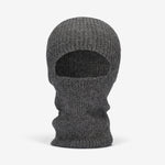 A charcoal gray hand-knitted alpaca balaclava covering the head and neck, with a hole for the mouth.