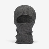 A charcoal gray hand-knitted alpaca balaclava covering the head and neck, with a hole for the mouth.