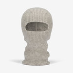 A hand-knit alpaca balaclava in gray, featuring a hole for the eyes and mouth, designed to cover the entire head and neck.