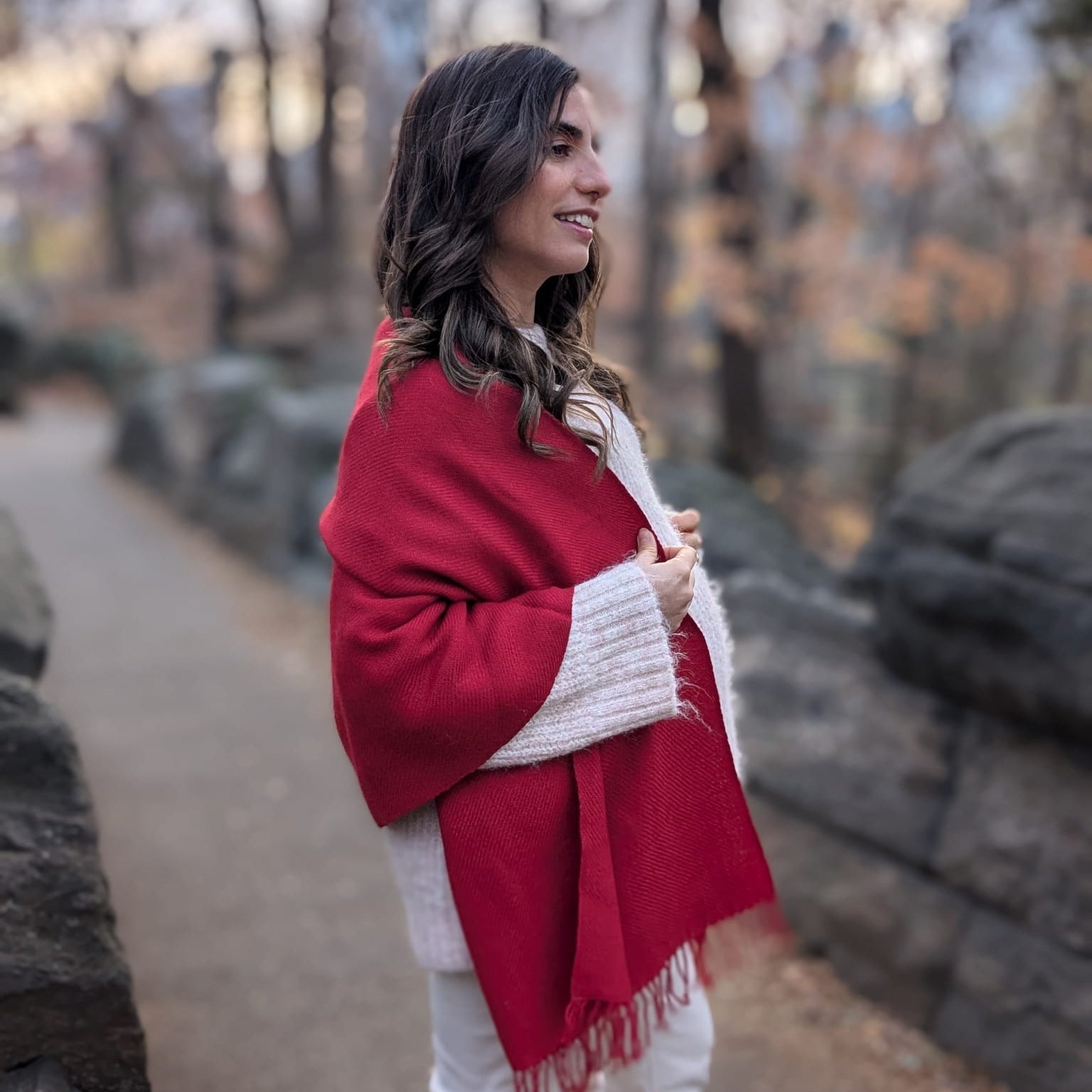 Woman wearing a red scarf in Central Park