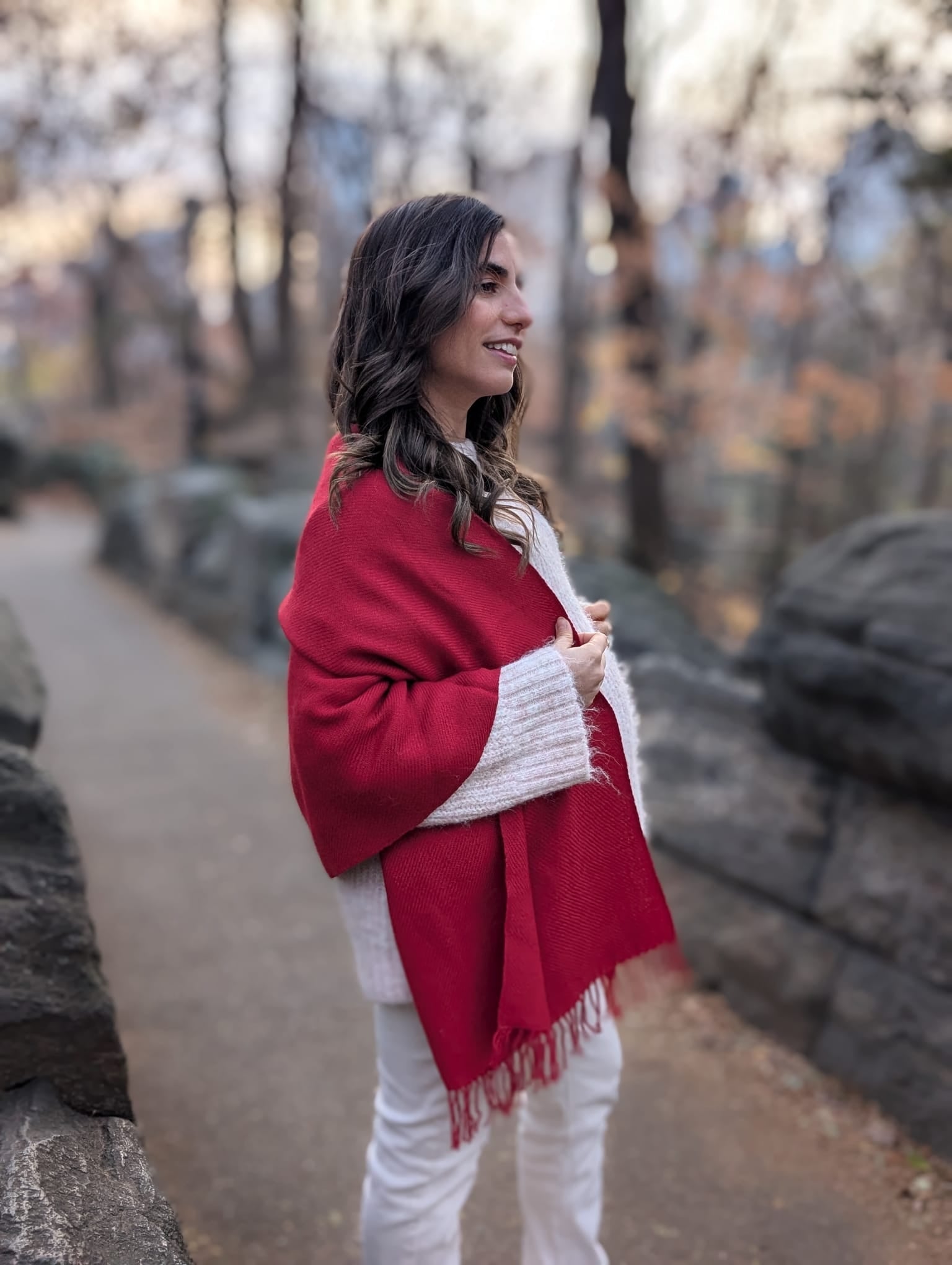 Woman wearing a red scarf in Central Park
