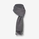 A handwoven alpaca stole in charcoal gray with fringes, displayed on a plain background.