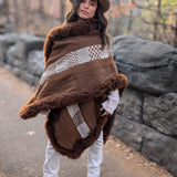 Handwoven Alpaca Cape in Dark Brown - Pattern in White