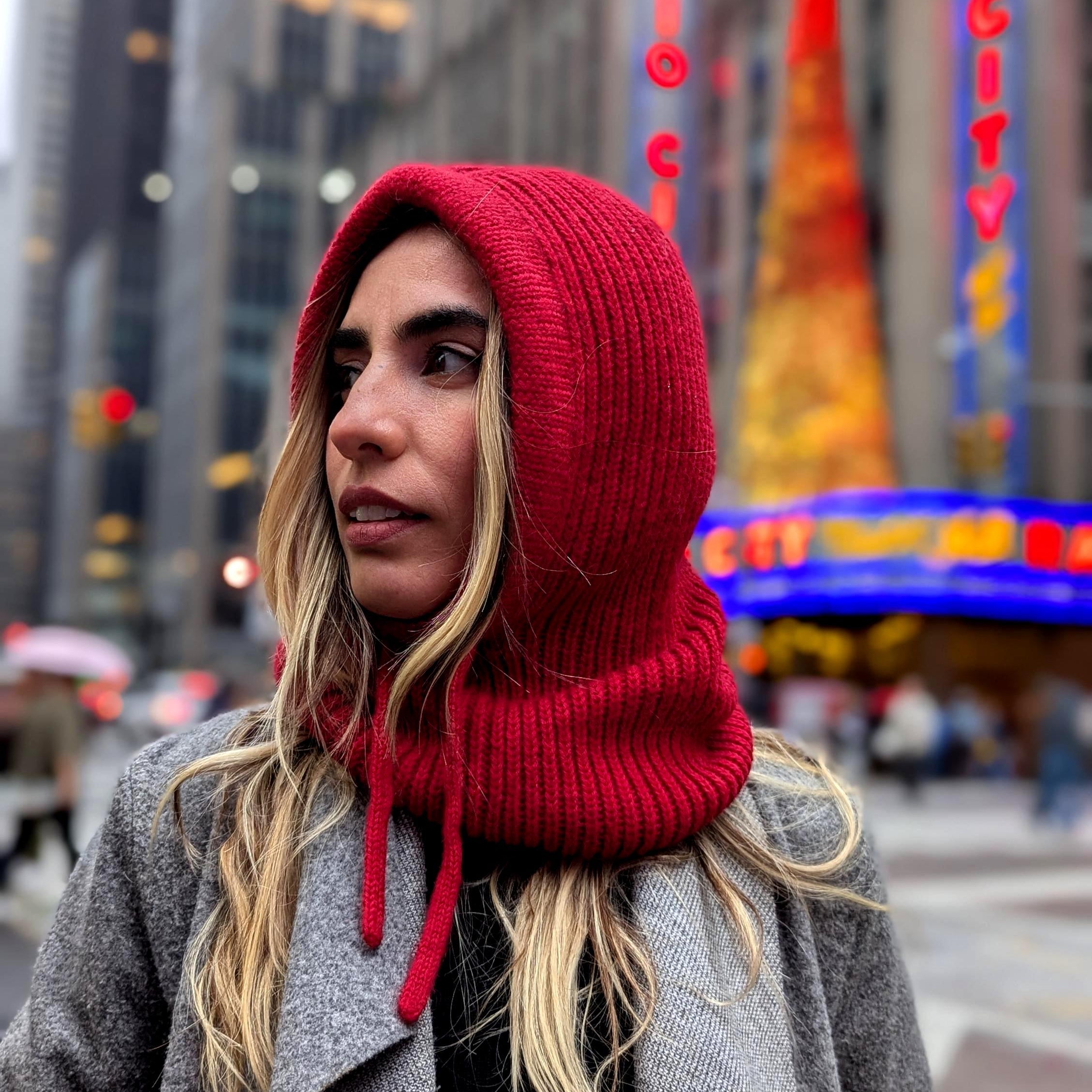 Hand-Knit Alpaca Open Face Balaclava in Red