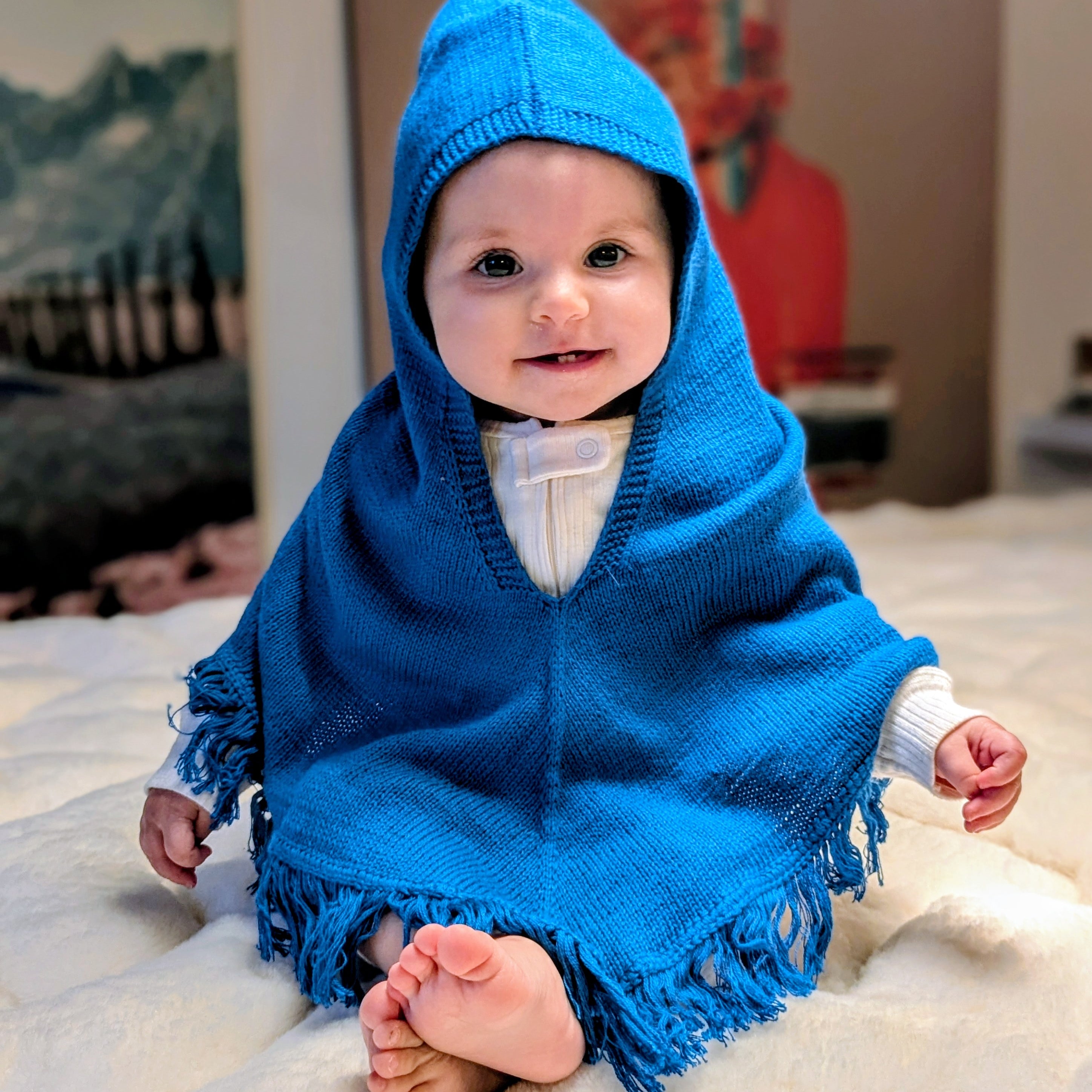 Hand-Knit Alpaca Baby Poncho Blue